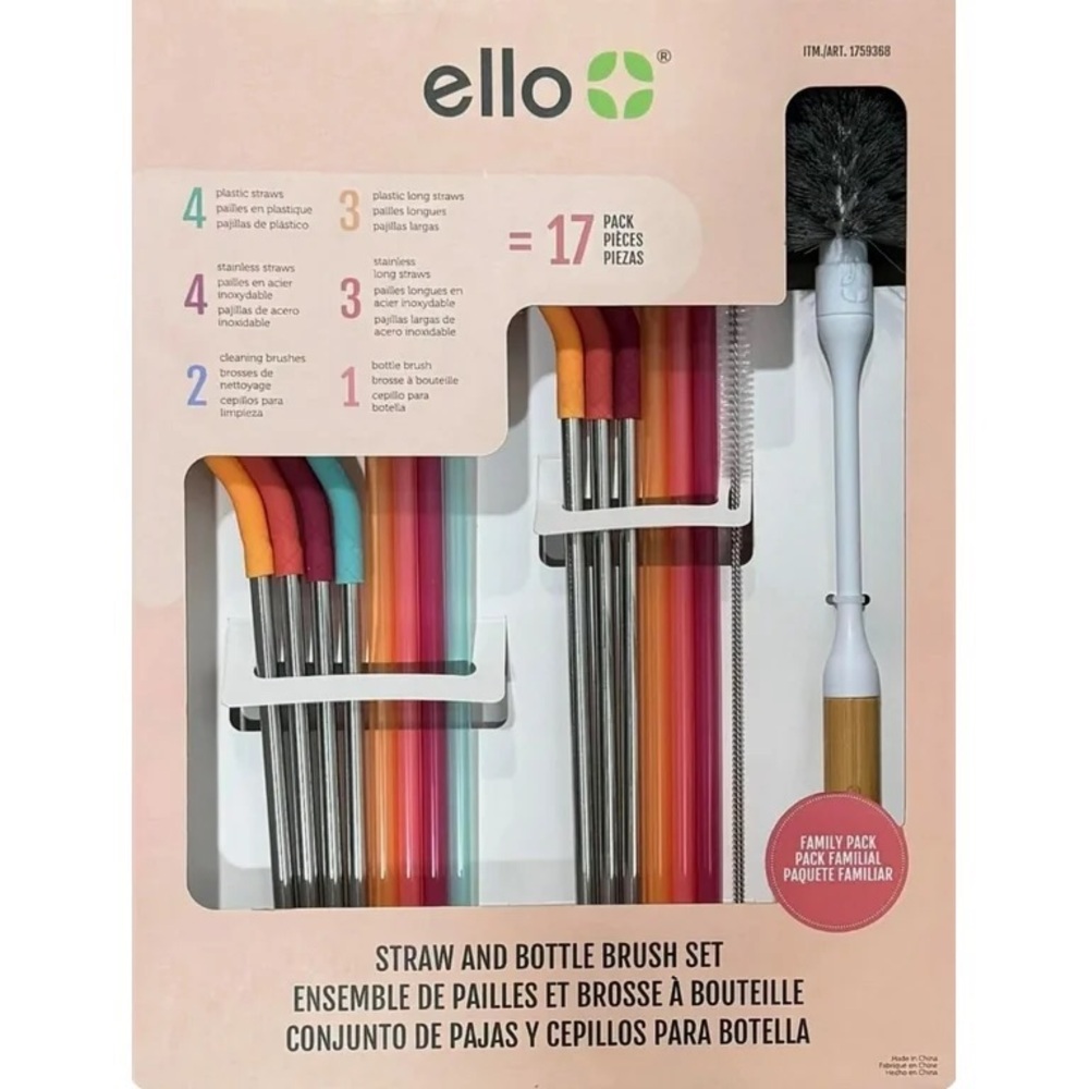 Ello Straws 17 Eco-Friendly Straws and Bottle Brushes with Silicone Tips